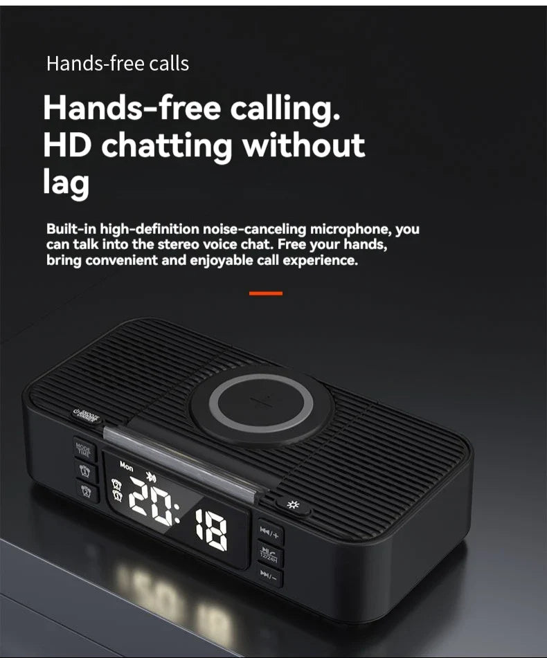 Portable Bluetooth Speaker with Wireless Charging Atmosphere Light Clock Alarm Function Double Speaker USB Charging