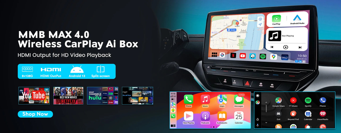 MMB MAX 5.0 “Road Riot AI Box” — Android 13, 8-Core QCM6225, Wireless CarPlay & Android Auto, Split-Screen GPS, 8GB+128GB, Netflix/YouTube