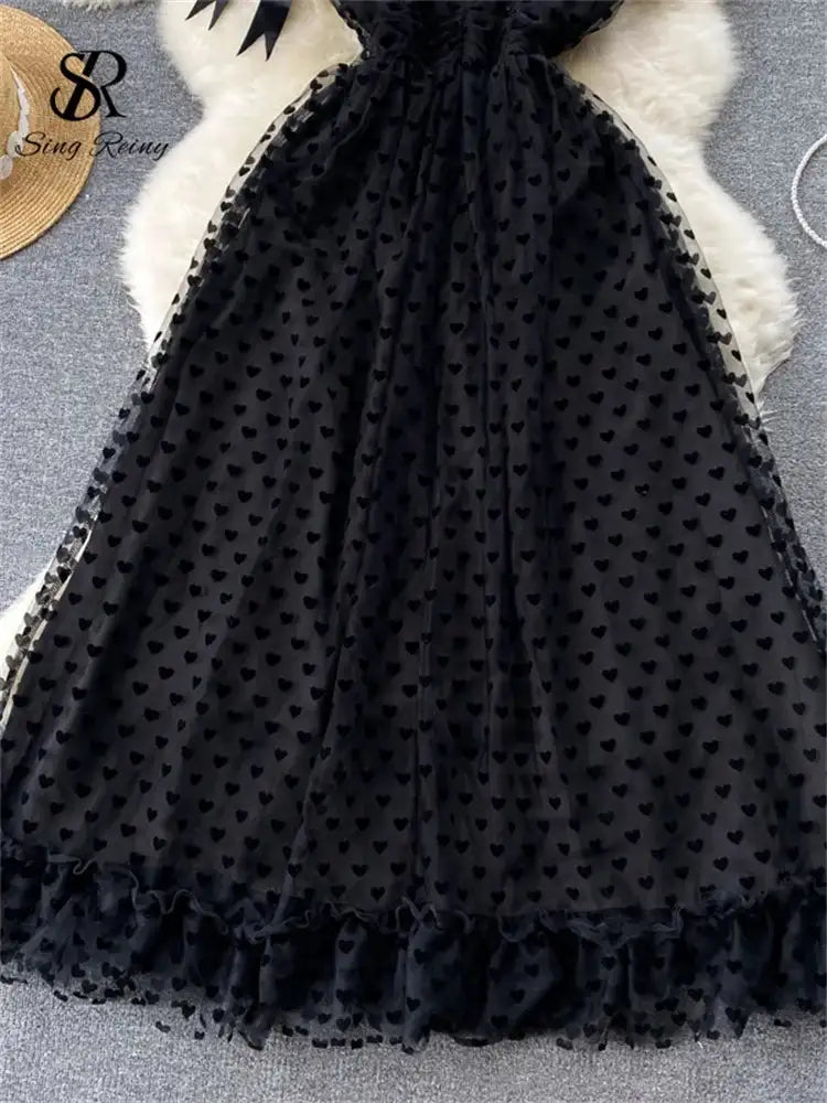 SINGREINY High Quality A Line Mesh Long Dress Spaghetti Strap Sleeveless Sheath Sundress 2023 Women Fashion Dot Print Maxi Dress