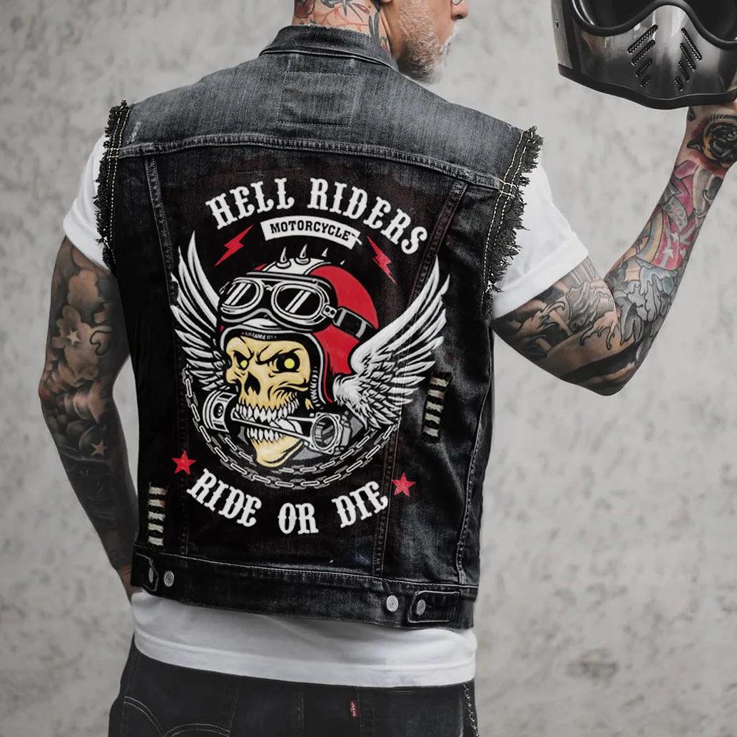 Fire Street Heavy Metal Punk Style Playing Card Ace of Spades Printing Sleeveless Vest Denim Jacket - Lizard Vigilante