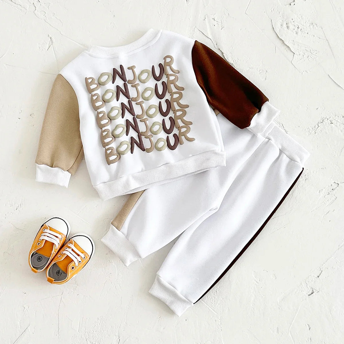 Infant Outfit Sets Baby Boys Clothes Bonjour Print Top Pants Thick Warm Girls Stylish Sportswear Autumn Winter Long Sleeve 2Pcs