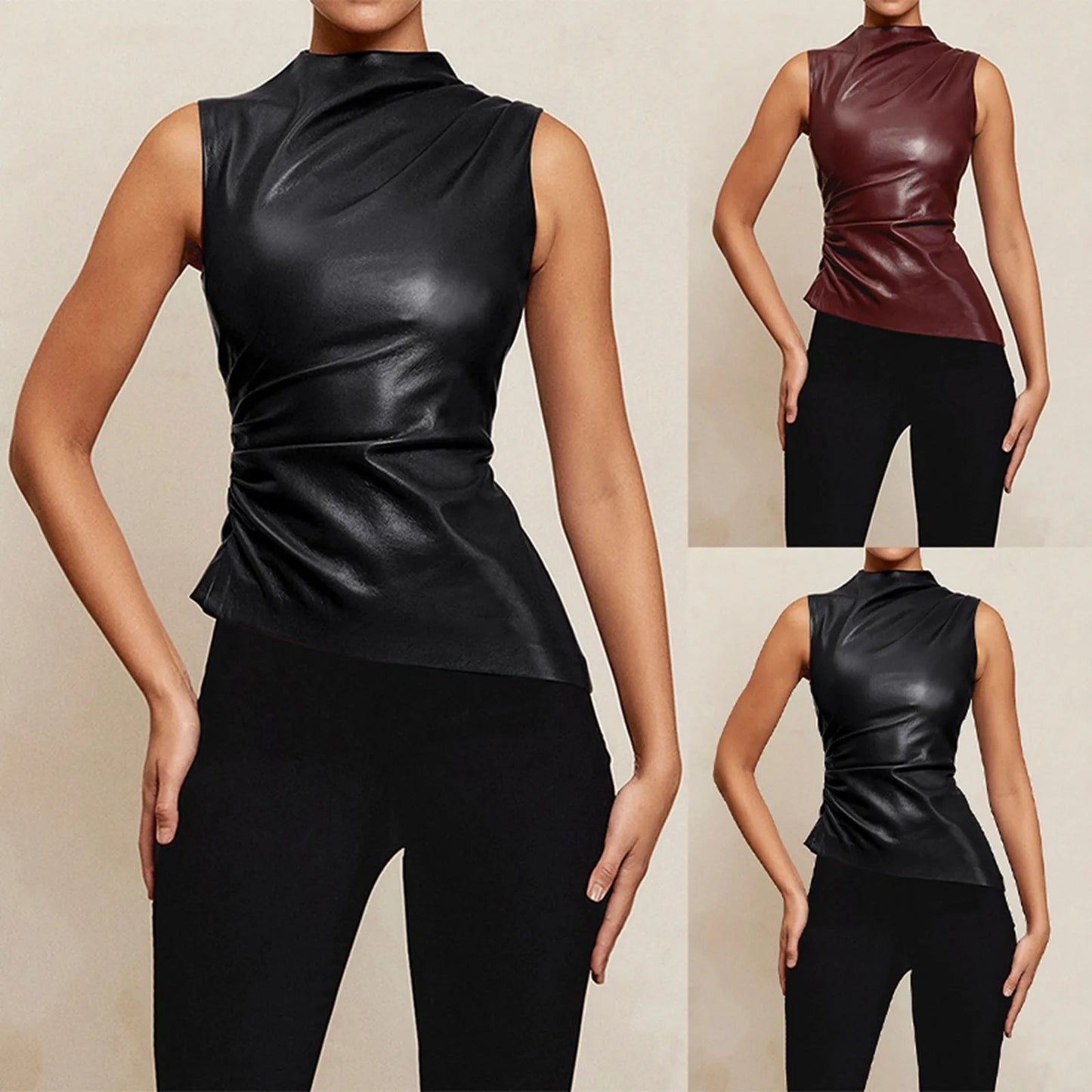 PU Leather Tank Tops Women Summer Sleeveless Pleated Slim Female Top Sexy Sheath Zipper Elastic Lady Ruched Shirt Streetwear - Premium  from Lizard Vigilante - Just $12.99! Shop now at Lizard Vigilante