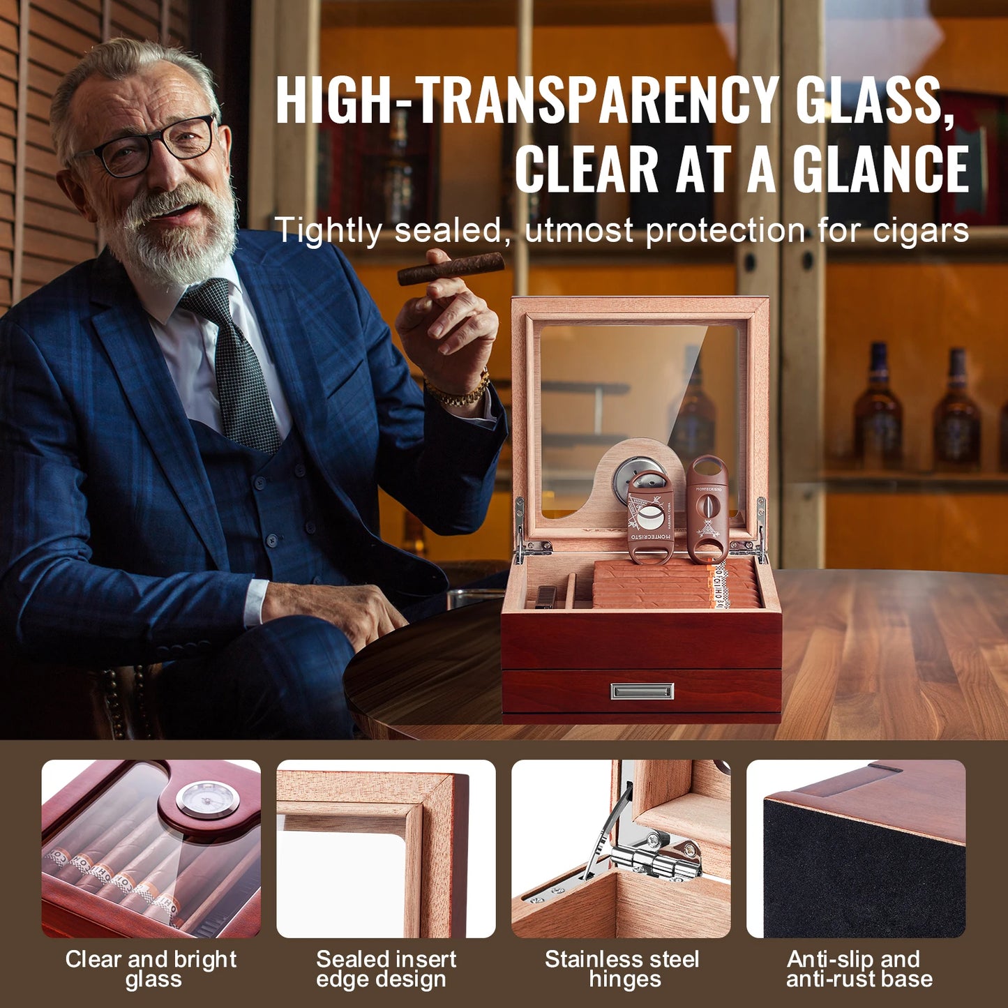 VEVOR Cigar Humidor Glass Top Cigar Humidor Box Handmade Spanish Cedar Wood Cigar Desktop Box Cigar Storage Case with Hygrometer - Premium  from Lizard Vigilante - Just $95.99! Shop now at Lizard Vigilante