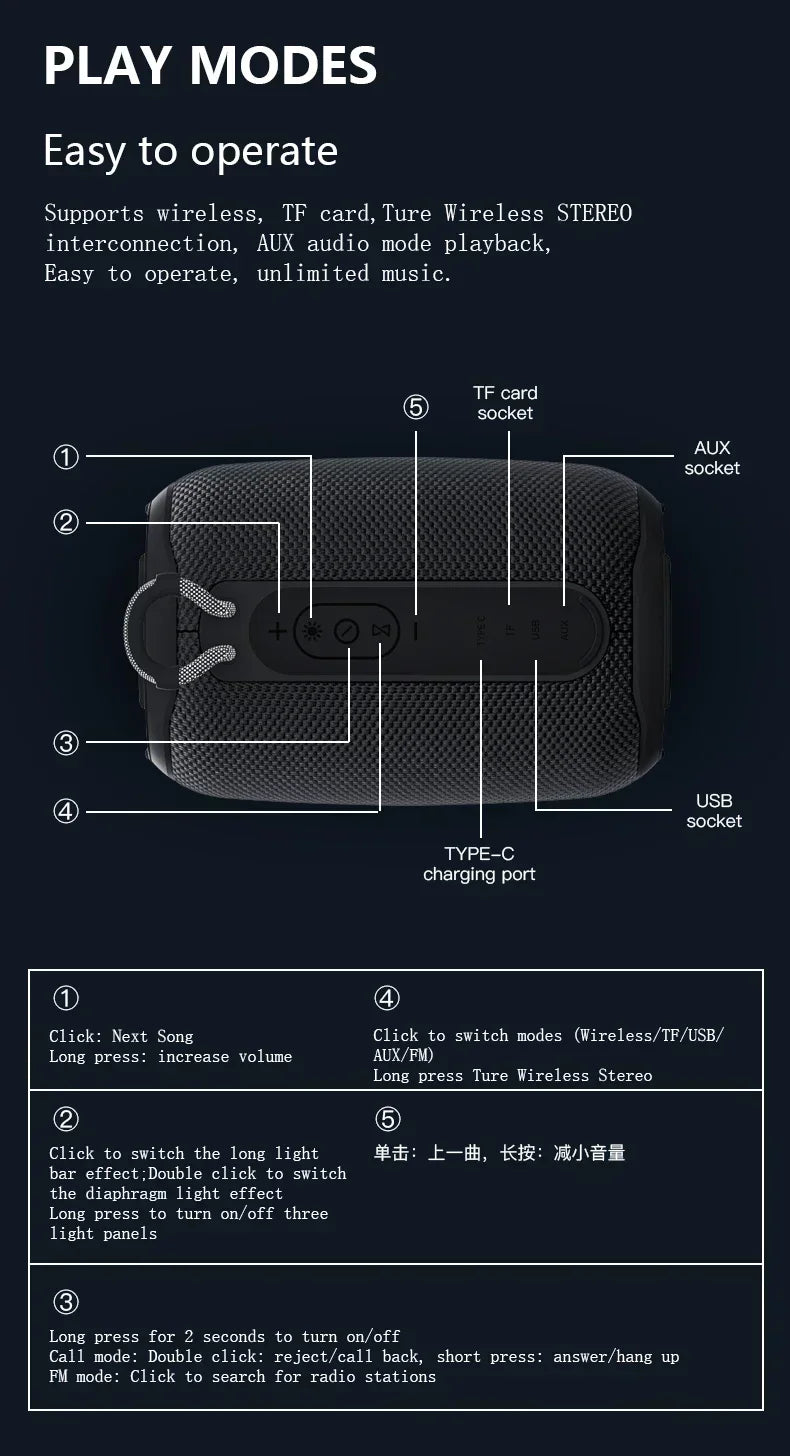 Super Powerful Wireless 5.3 Bluetooth Speaker RGB Light Caixa De Som Enhanced Bass IPX6 Waterproof Subwoofer 3D Stereo Sound Box