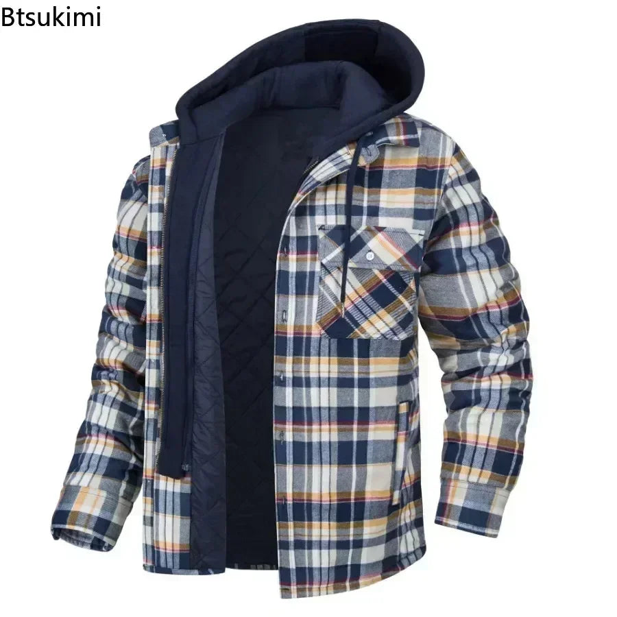 2024 Men's Winter Hooded Jacket – Warm, Thick Cotton Casual Coat with Detachable Hood & Plaid Design for Autumn & Winter - Premium  from Lizard Vigilante - Just $53.88! Shop now at Lizard Vigilante