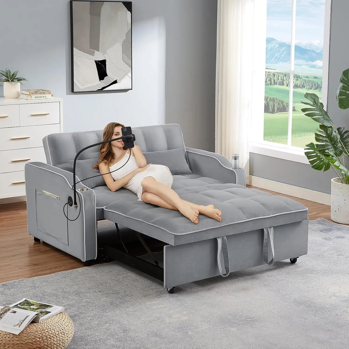 3-in-1 Convertible Velvet Pull-Out Couch Bed with USB & Type C Port – Comfy Futon Loveseat with Adjustable Backrest, Phone Stand & Cup Holder - Premium couch from Lizard Vigilante - Just $1799.88! Shop now at Lizard Vigilante