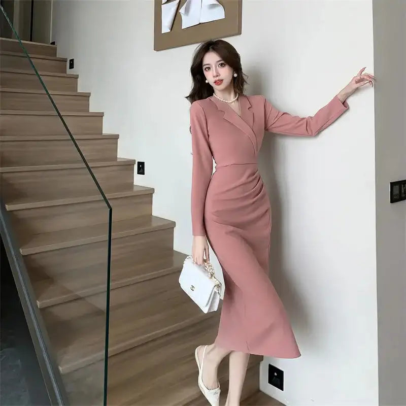 Women Pink Pleated Bodycon Formal Long Dress Autumn Winter Long Sleeve Chic Suit Dress 2025 Korean Fashion Elegant Party Dresses