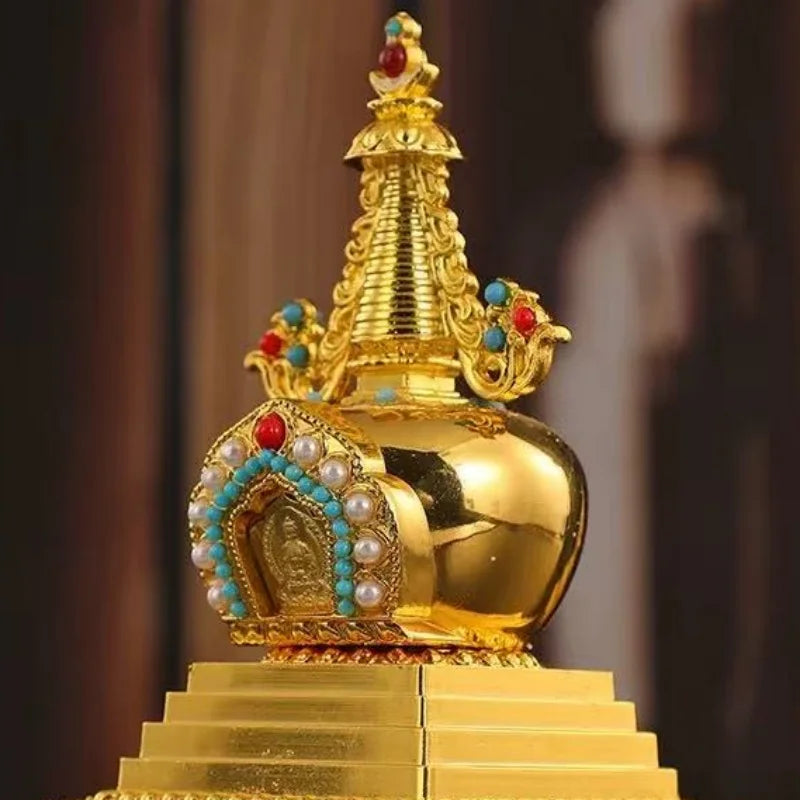 Buddha Statue Pagoda,Engraving Inlaid Gem Tibetan Alloy Double-Layer Tower,Altars Stupa,Buddhist Item Religious Decorative