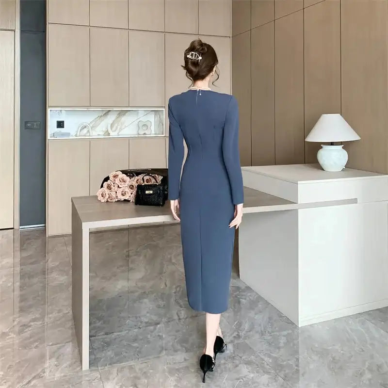 Women Pink Pleated Bodycon Formal Long Dress Autumn Winter Long Sleeve Chic Suit Dress 2025 Korean Fashion Elegant Party Dresses