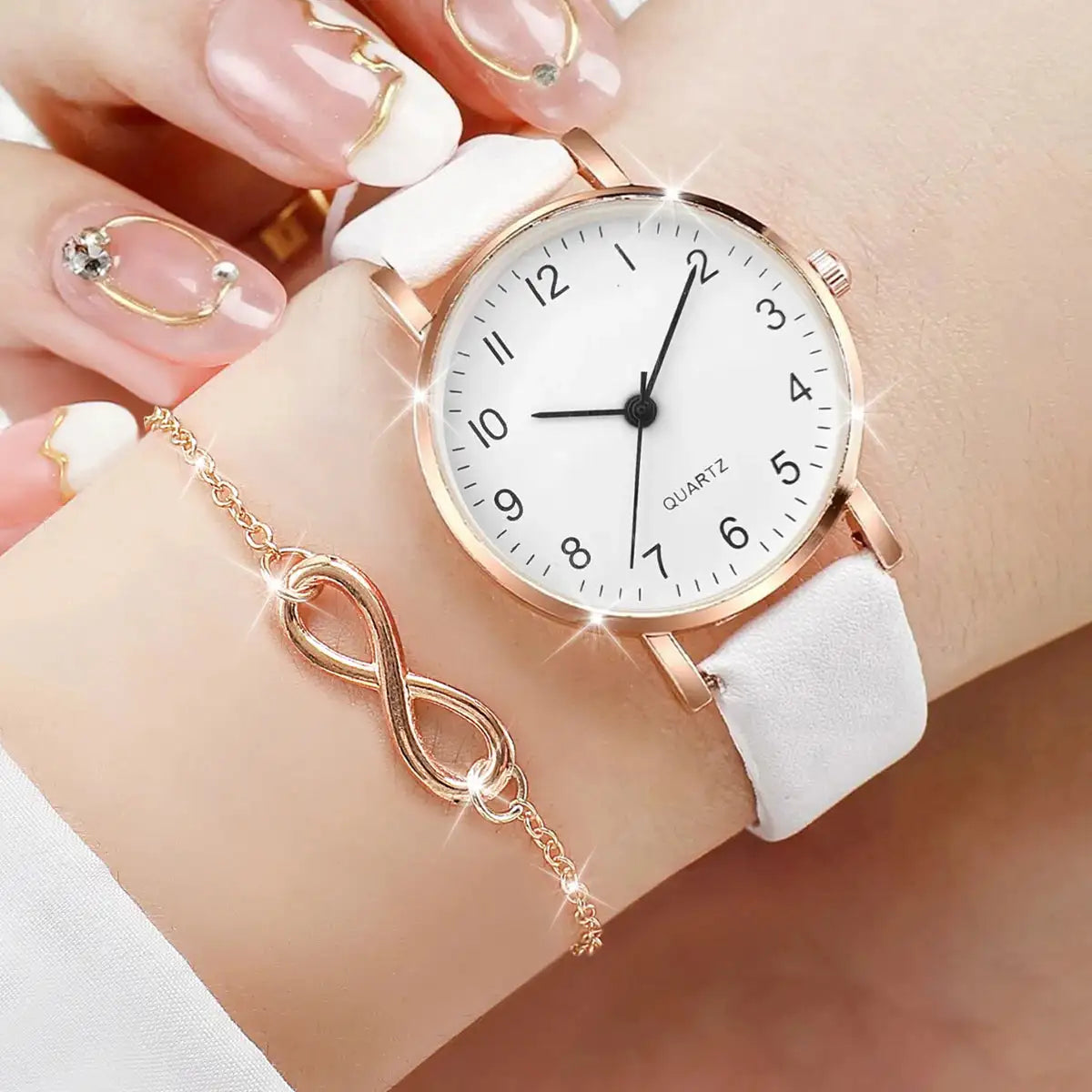3pcs/set Women Leather Simple Quartz Watch with Number 8 Bracelet Necklace Set
