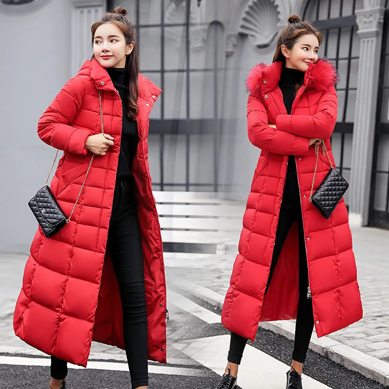 UHYTGF 2024 Winter Women's Long Parka – Bow Belt Fox Fur Collar Oversized Vintage Thick Coat - Premium coat from Lizard Vigilante - Just $58.88! Shop now at Lizard Vigilante