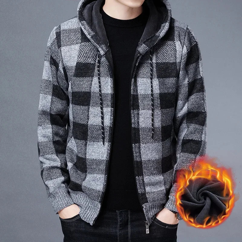 Men's Luxury Checkered Knit Hooded Cardigan – High-Quality Fleece Winter Sweater Jacket with Zipper Closure - Premium cardigan sweater from Lizard Vigilante - Just $46.66! Shop now at Lizard Vigilante