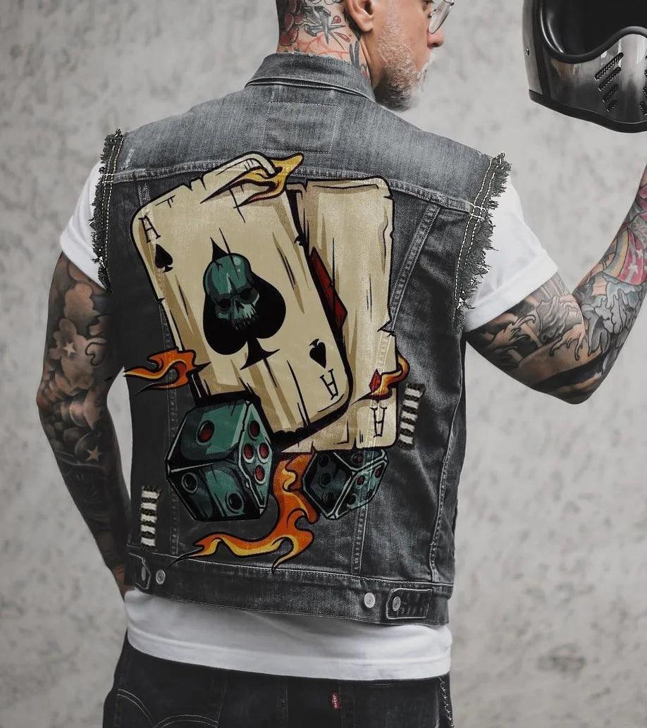 Fire Street Heavy Metal Punk Style Playing Card Ace of Spades Printing Sleeveless Vest Denim Jacket - Lizard Vigilante