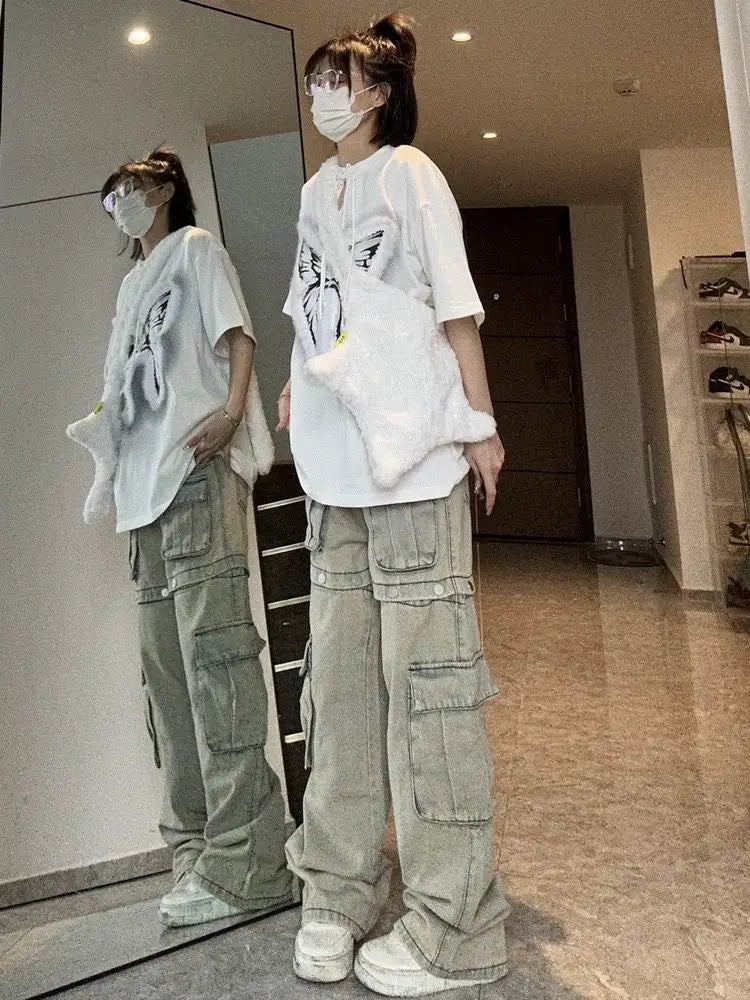 American New Detachable Design Sense Tooling Jeans Female Y2K Fashion Gothic Retro High Street Straight Small Vibe Waisted Pants