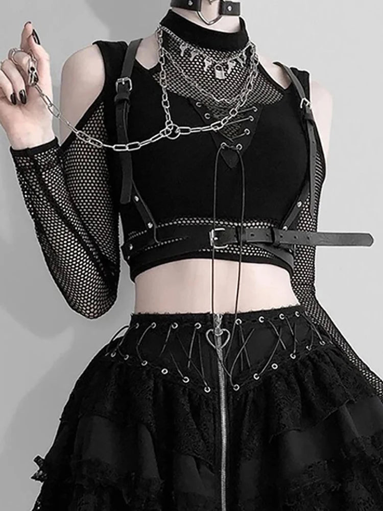 Goth Dark Fishnet Cut Out Women Sexy Halter T-shirts Mall Gothic Grunge Black Bandage Crop Tops Punk Open Shoulder Alt Clothing - Premium Crop Top from Lizard Vigilante - Just $27.99! Shop now at Lizard Vigilante