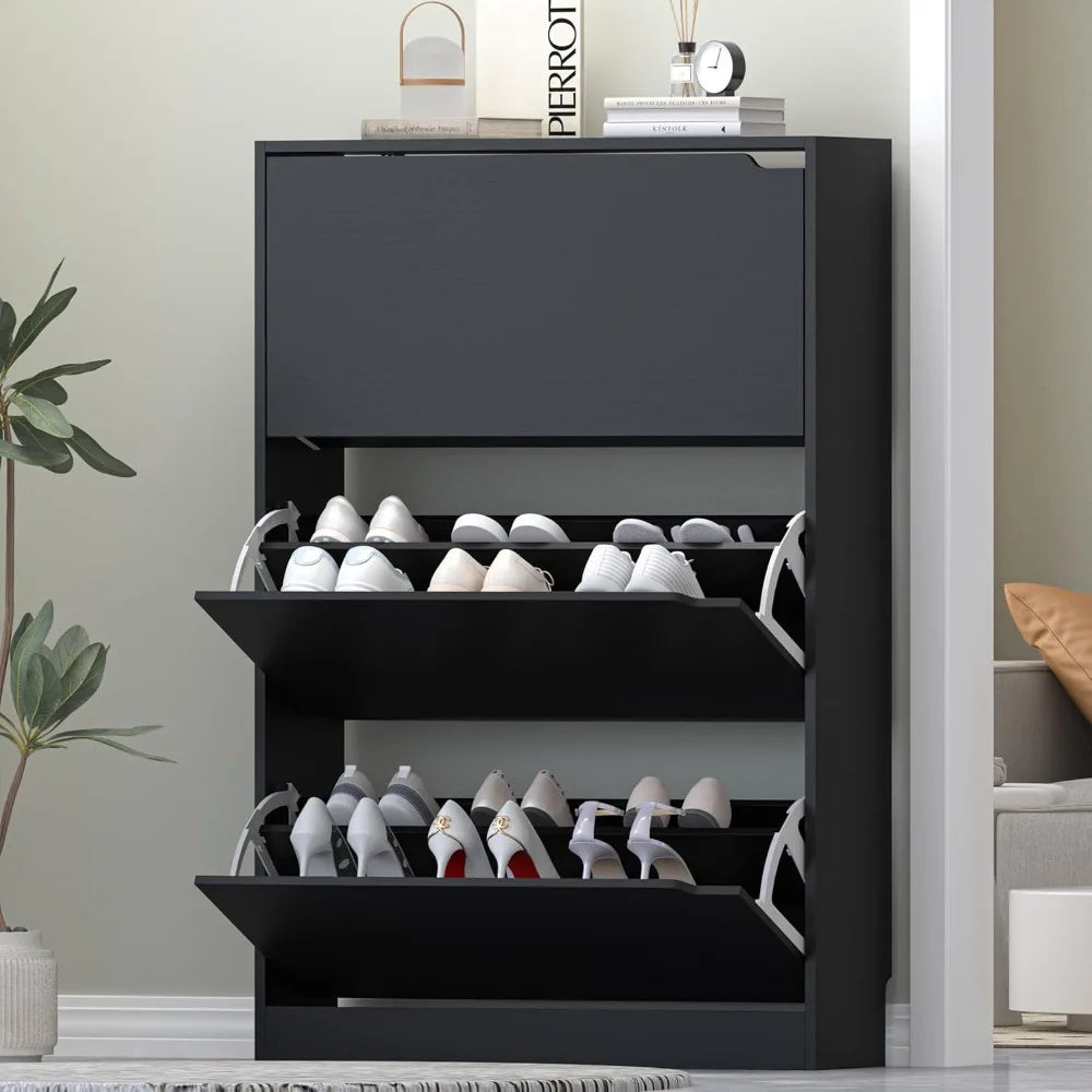 Easy To Use Black Shoe Cabinet with 3 Flip Drawers - Hidden Modern Shoe Storage for Entryway - Premium shoe accessories from Lizard Vigilante - Just $99.99! Shop now at Lizard Vigilante