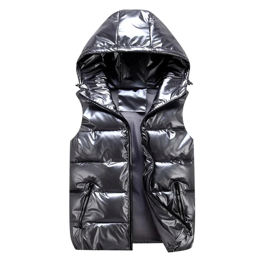 Men's Winter Hooded Padded Vest – Glossy Sleeveless Jacket, Waterproof Casual Outwear - Premium jacket from Lizard Vigilante - Just $28.88! Shop now at Lizard Vigilante