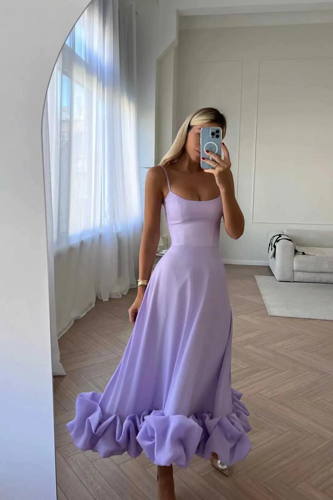 Elegant Ruffle Solid Sling Long Dress Women Strap Waist Party Dressed Fashion Sleeveless Backless Beach Swing skirt A-line Dresses - Lizard Vigilante