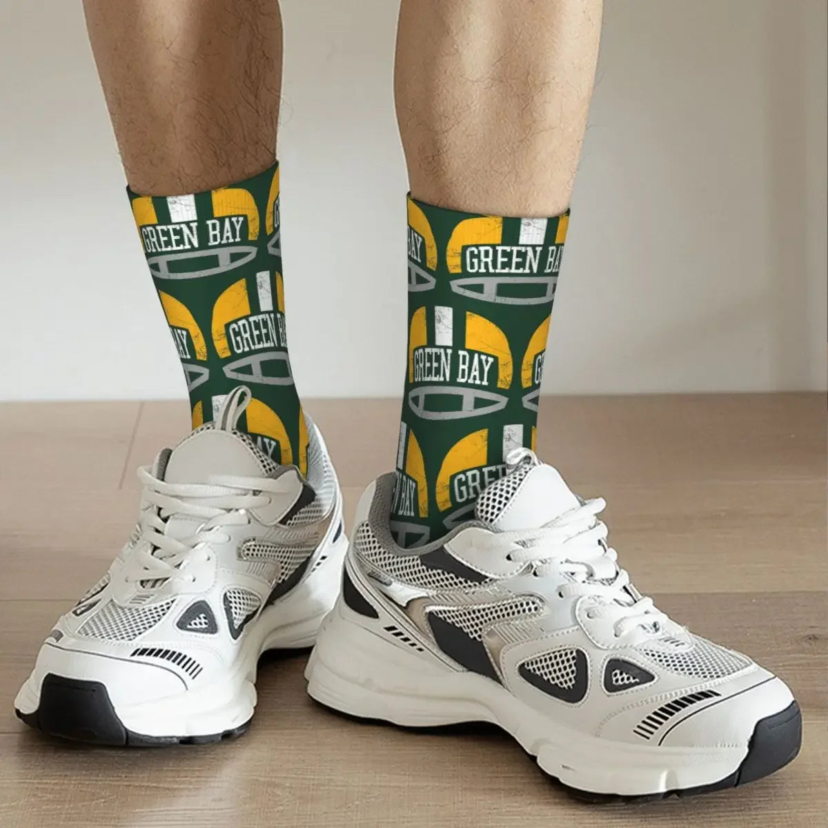 Green Bay Retro Helmet Socks: A Unique and Stylish Statement - Premium socks from Lizard Vigilante - Just $17.99! Shop now at Lizard Vigilante