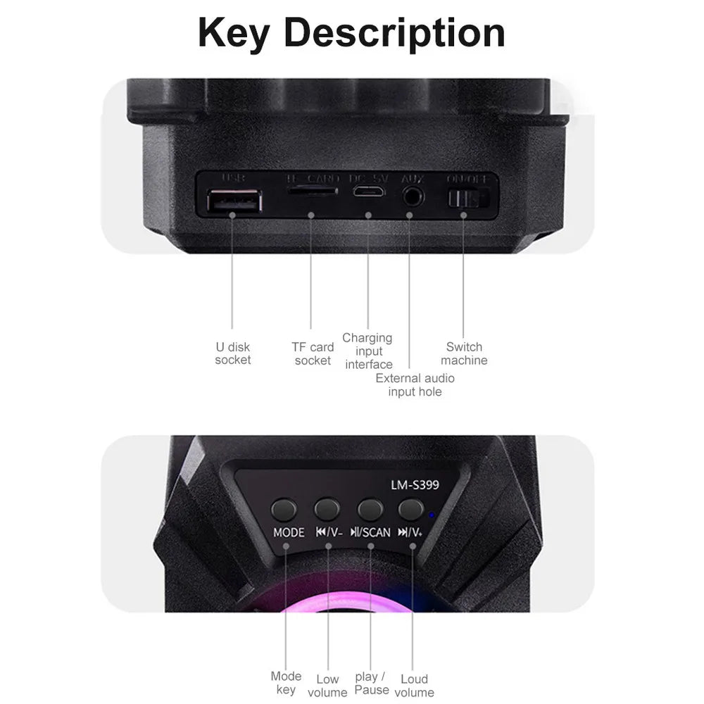 Wireless Bluetooth Speaker with LED Wireless Handheld Speaker Support Wired Microphone/TF Card/U Stick Audio Line Input