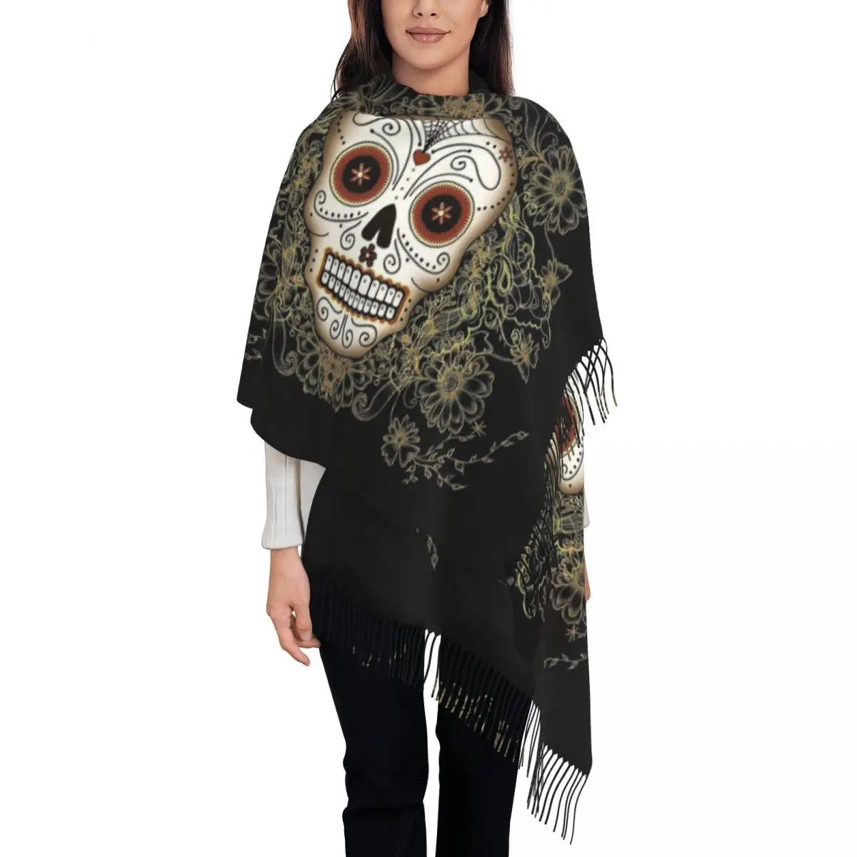 Day of the Dead Sugar Skull Colorful Flower Scarf – Warm Pashmina Shawl, Wrap for Women - Premium scarf from Lizard Vigilante - Just $23.66! Shop now at Lizard Vigilante