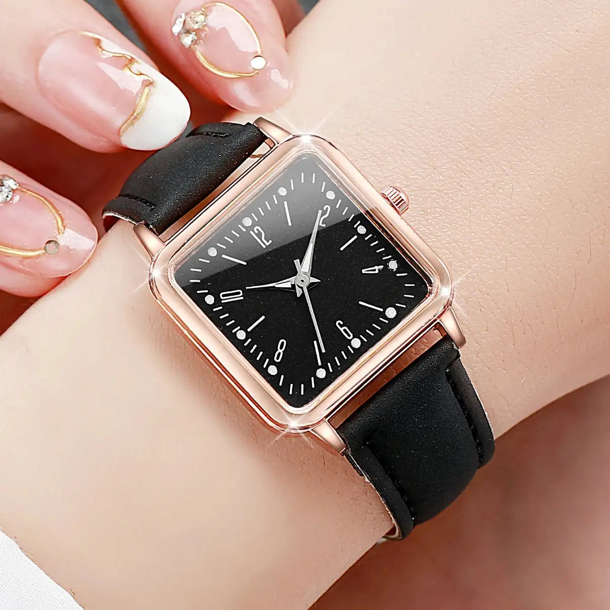 3PCs/Set Women's Fashion Watch Square Simple Dial Leather Quartz Watch Set