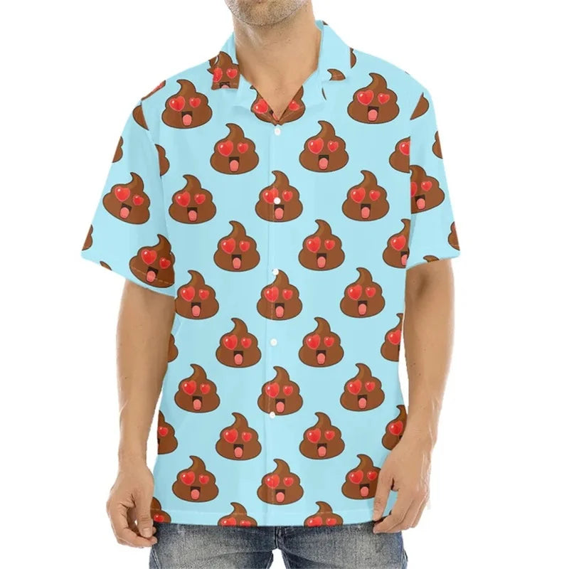 Happy Funny Poop Pattern Print Aloha Shirts For Men Summer Short Sleeve Button Down Beach Shirts Tops Mens Plus Size Blouse