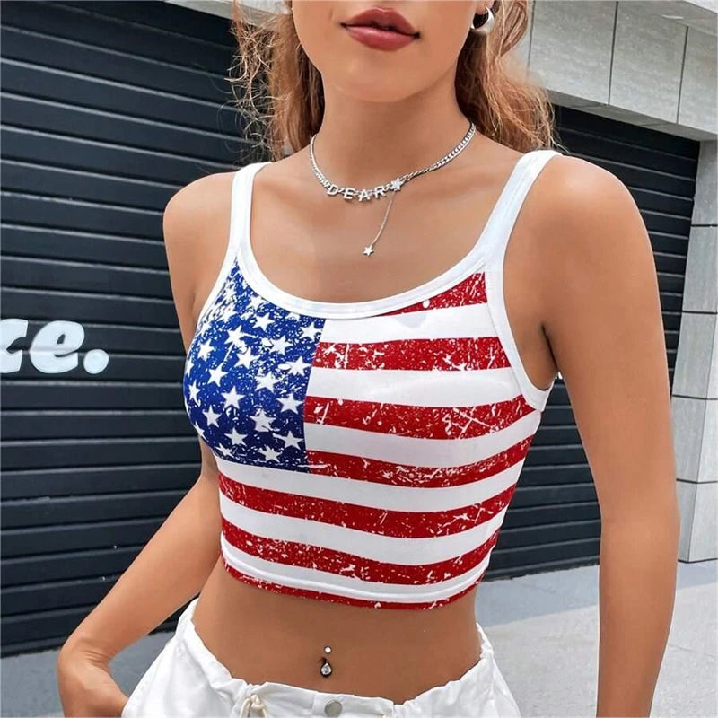 Gothic Punk New 2024 USA Flag Crop Top Sexy Backless Tank Slim Women's Mini Vest Summer Y2k Clothes Short White Camisole E-girls - Premium  from Lizard Vigilante - Just $16.99! Shop now at Lizard Vigilante