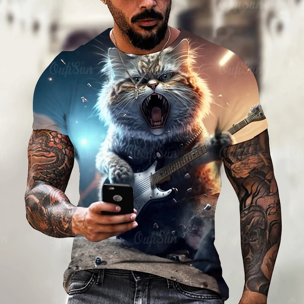 Funny T Shirt For Men Summer Short Sleeve Animal T-Shirts Rock Metal Cat 3d Print Fashion Casual Street Oversized Men's Clothing - Premium T-Shirt from Lizard Vigilante - Just $22.99! Shop now at Lizard Vigilante