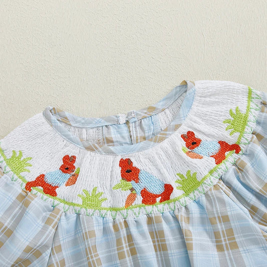 Adorable Infant Easter Jumpsuit with Sweet Bunny Embroidery and Smocked Detailing - Stylish Short Sleeve Baby Girl Outfit for