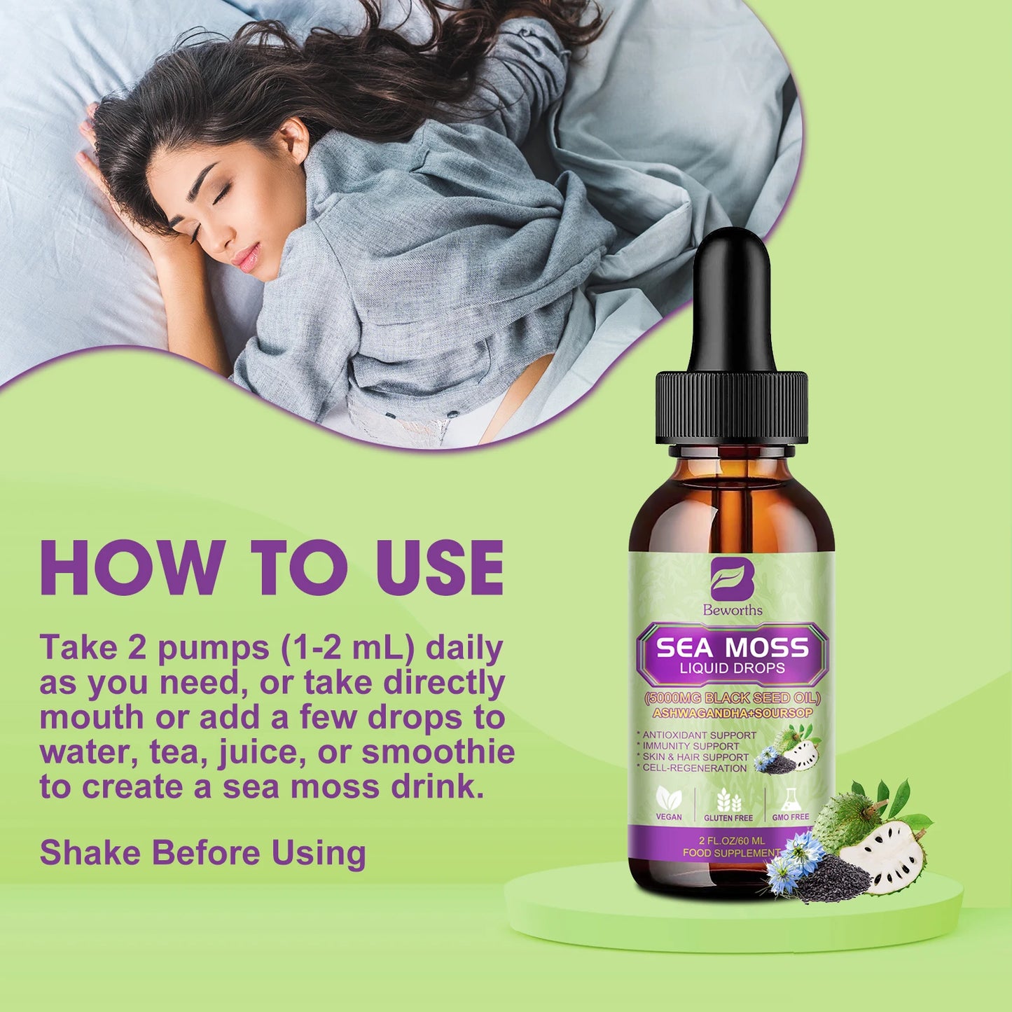 BEWORTHS Sea Moss & Soursop Drops – 60ml Super Extract for Immunity, Kidney Function & Antioxidant Power | Vegan Herbal Liquid Supplement - Premium supplement from dsers - Just $26.99! Shop now at Lizard Vigilante