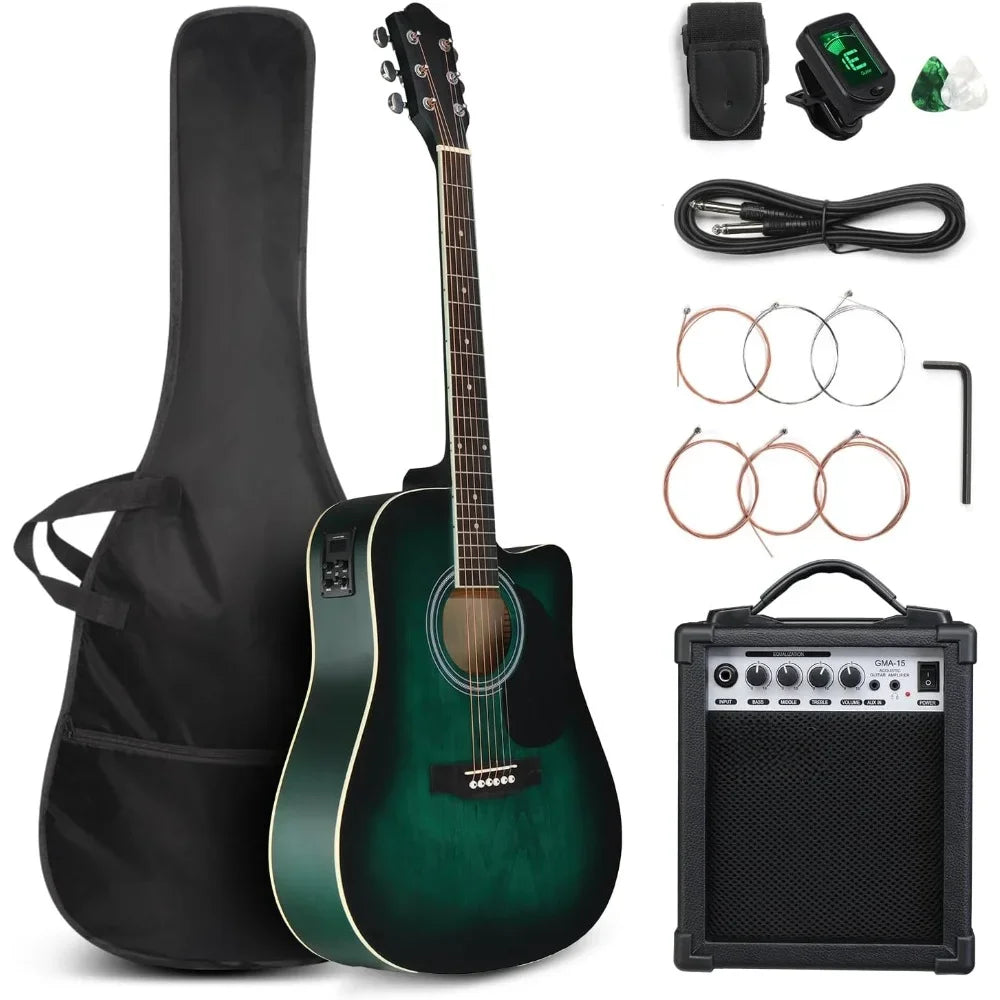 Full Size 6 Strings Acoustic Electric Guitar Beginner Kit w/ 15W Amp,w/Inbuilt Tuner, Bag, Strap, Picks, Strings - Premium  from Lizard Vigilante - Just $176.99! Shop now at Lizard Vigilante