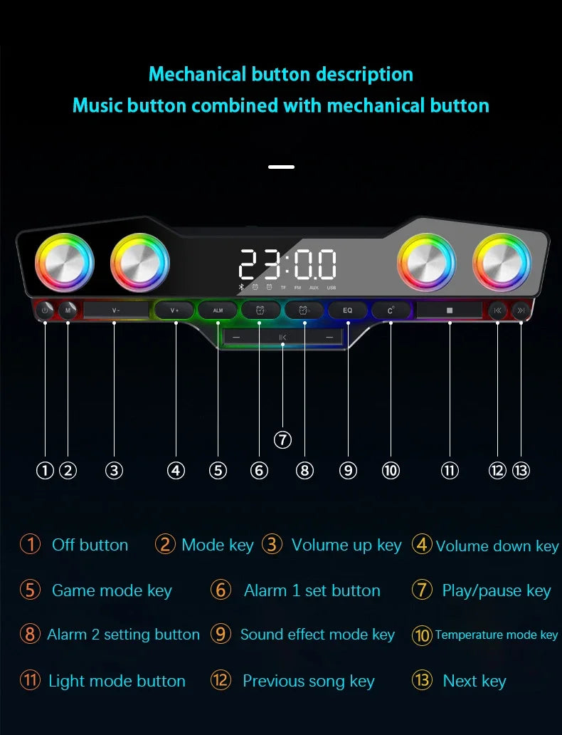 Wireless Bluetooth Game Speaker Soundbar USB 3D Stereo Subwoofer FM Home Clock Indoor Sound Bar Computer Loudspeaker Hot Sale