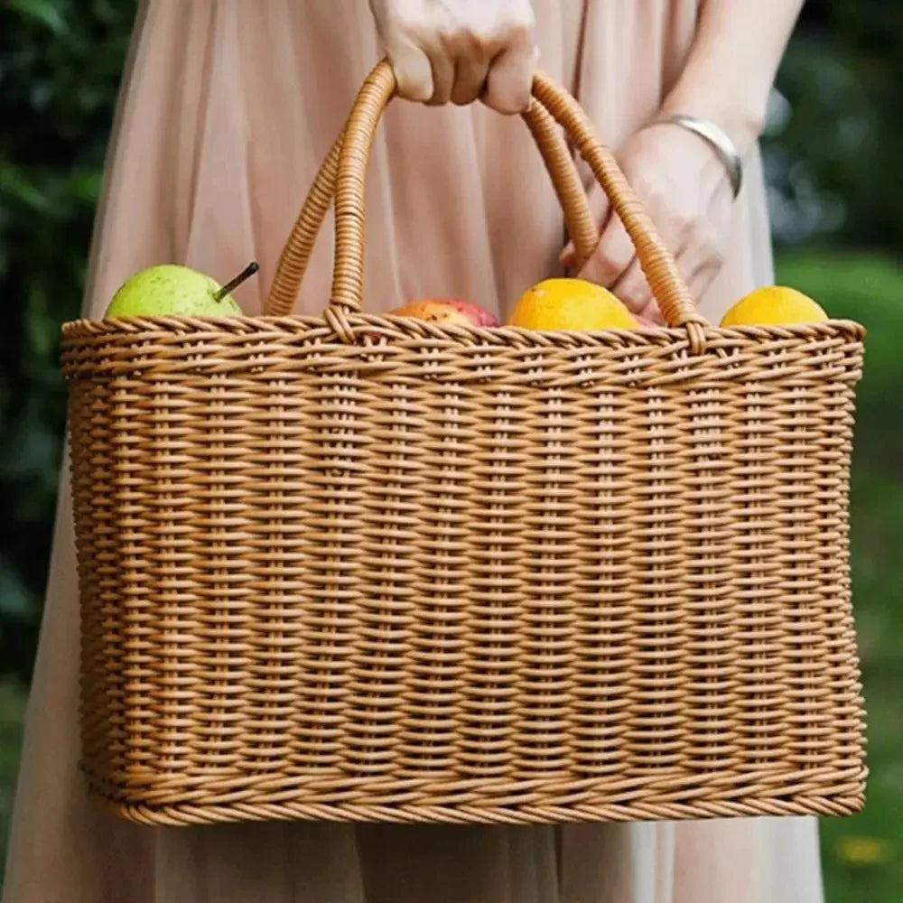 Home Storage Organizer Rattan Woven Basket With Handle Portable Picnic Basket Handwoven Rectangular Flower Basket Fruit