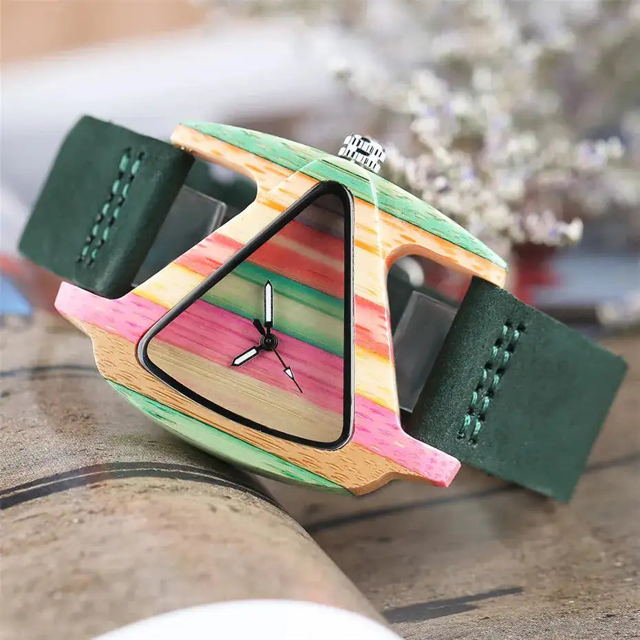 Unique Triangle Women's Wood Watch Creative Colorful Lady Green/ Red Genuine Leather Wristwatch Elegant Womens Watches Top Gifts