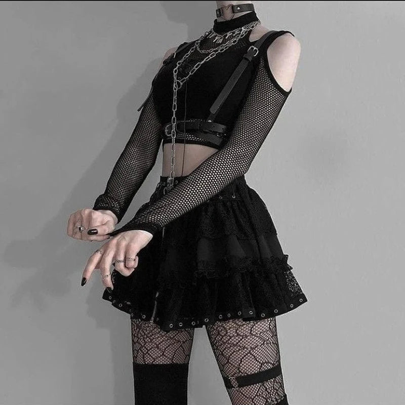 Goth Dark Techwear Fishnet Open Shoulder Halter T-shirts Mall Gothic Grunge Black Bandage Crop Tops Women Punk Sexy Alt Clothing - Premium Crop Top from Lizard Vigilante - Just $28.99! Shop now at Lizard Vigilante