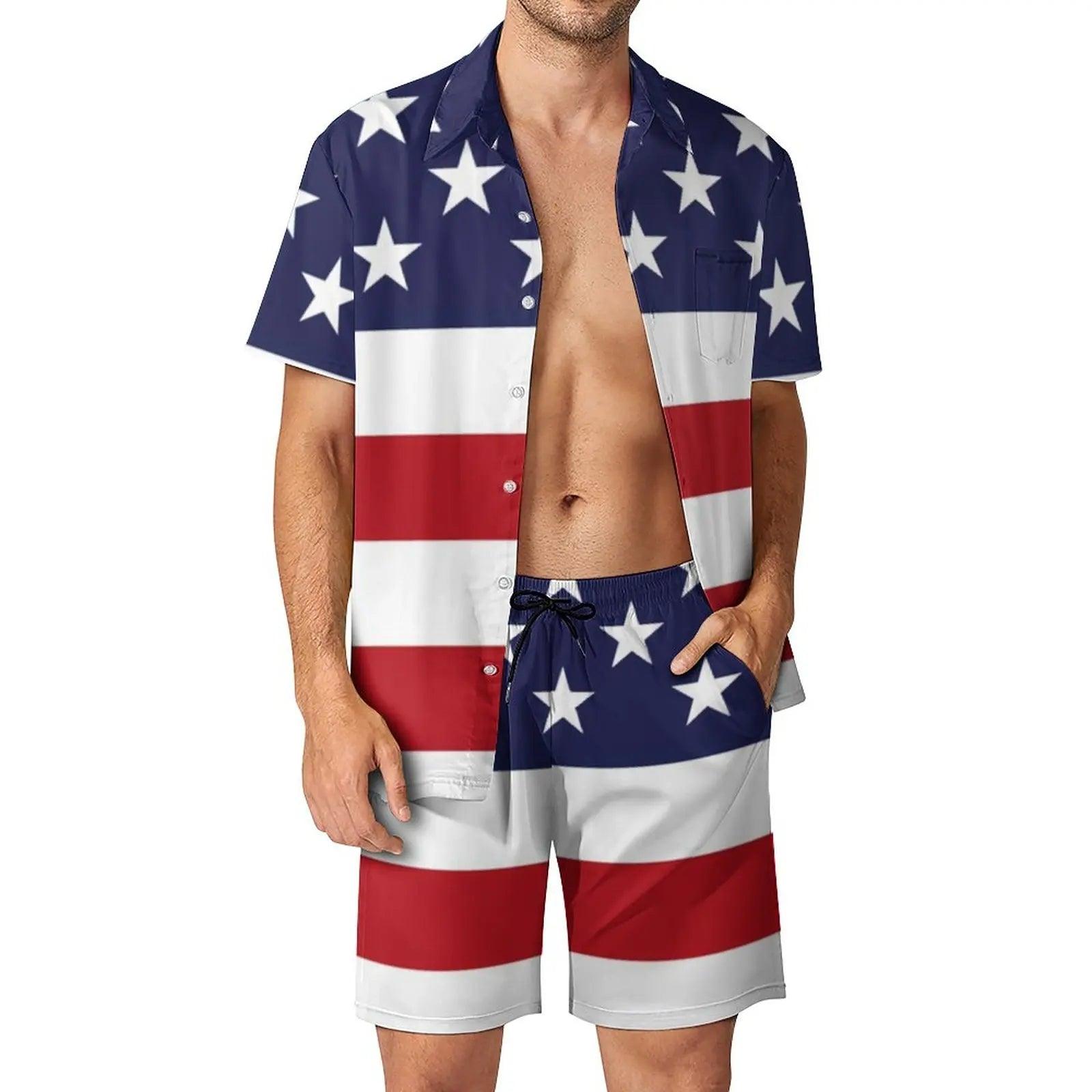 American USA Flag Fitness Outdoor Men Sets Patriotic Stars Stripes Casual Shirt Set Custom Shorts Aesthetic Suit Plus Size - Premium  from Lizard Vigilante - Just $34.99! Shop now at Lizard Vigilante