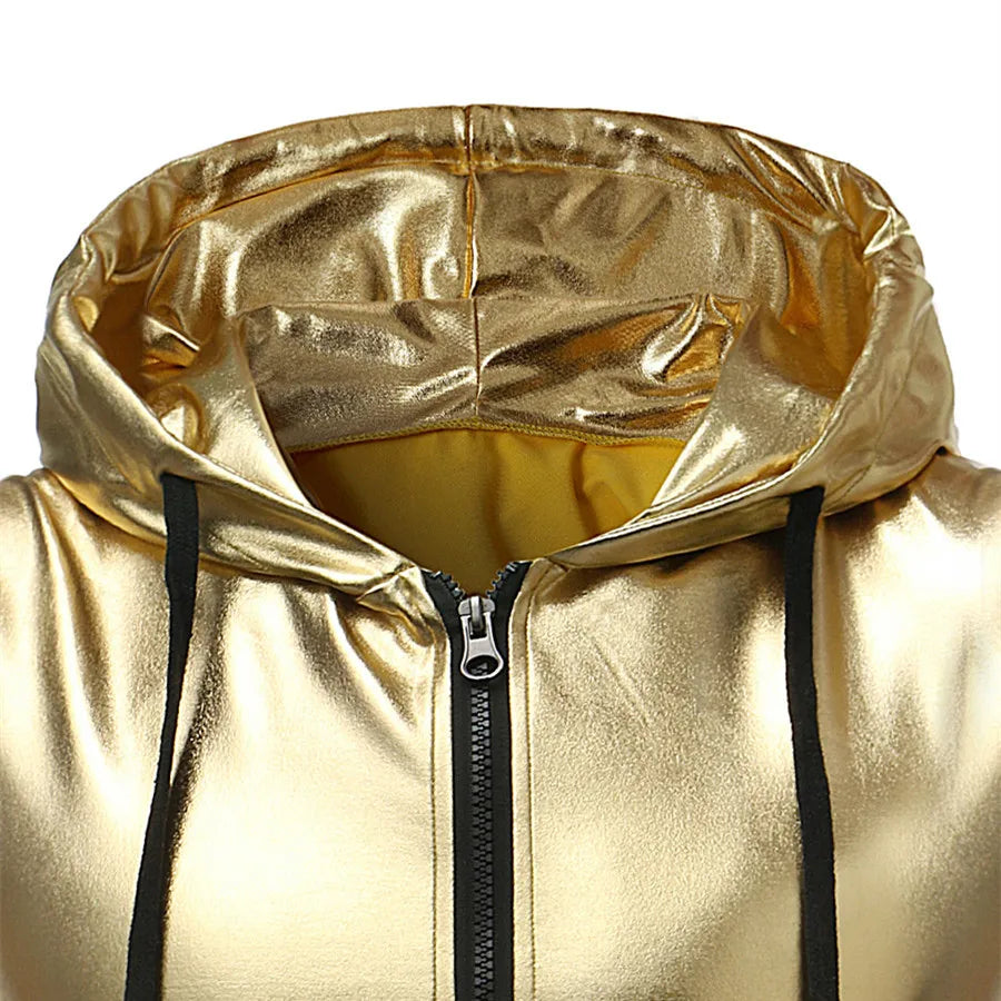 Hooded Men Shiny Gold Silver Zipper Nightclub Vest Men's Harajuku Streetwear Hip Hop Tops Dance Sleeveless Jackets Waistcoat - Premium vest from Lizard Vigilante - Just $36.88! Shop now at Lizard Vigilante