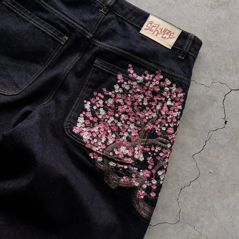 Cherry Blossom Selvedge Wide-Leg Jeans – Y2K Baggy Embroidered Denim Streetwear for Men & Women