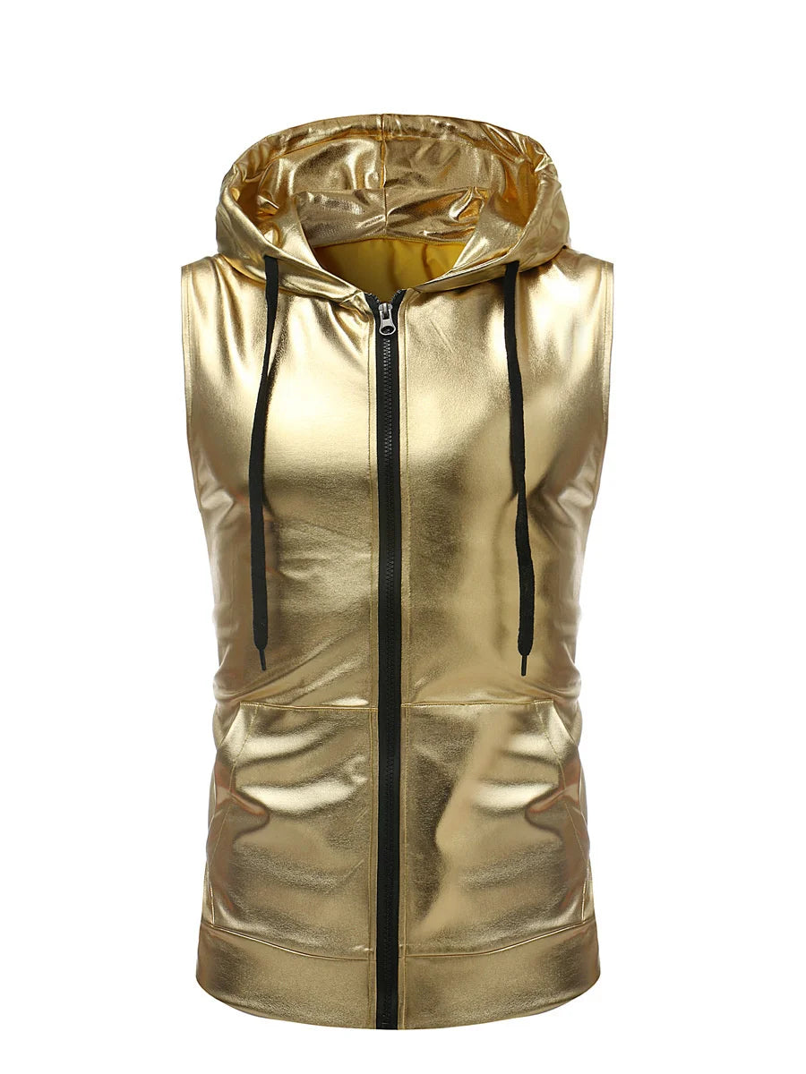 Hooded Men Shiny Gold Silver Zipper Nightclub Vest Men's Harajuku Streetwear Hip Hop Tops Dance Sleeveless Jackets Waistcoat - Premium vest from Lizard Vigilante - Just $36.88! Shop now at Lizard Vigilante