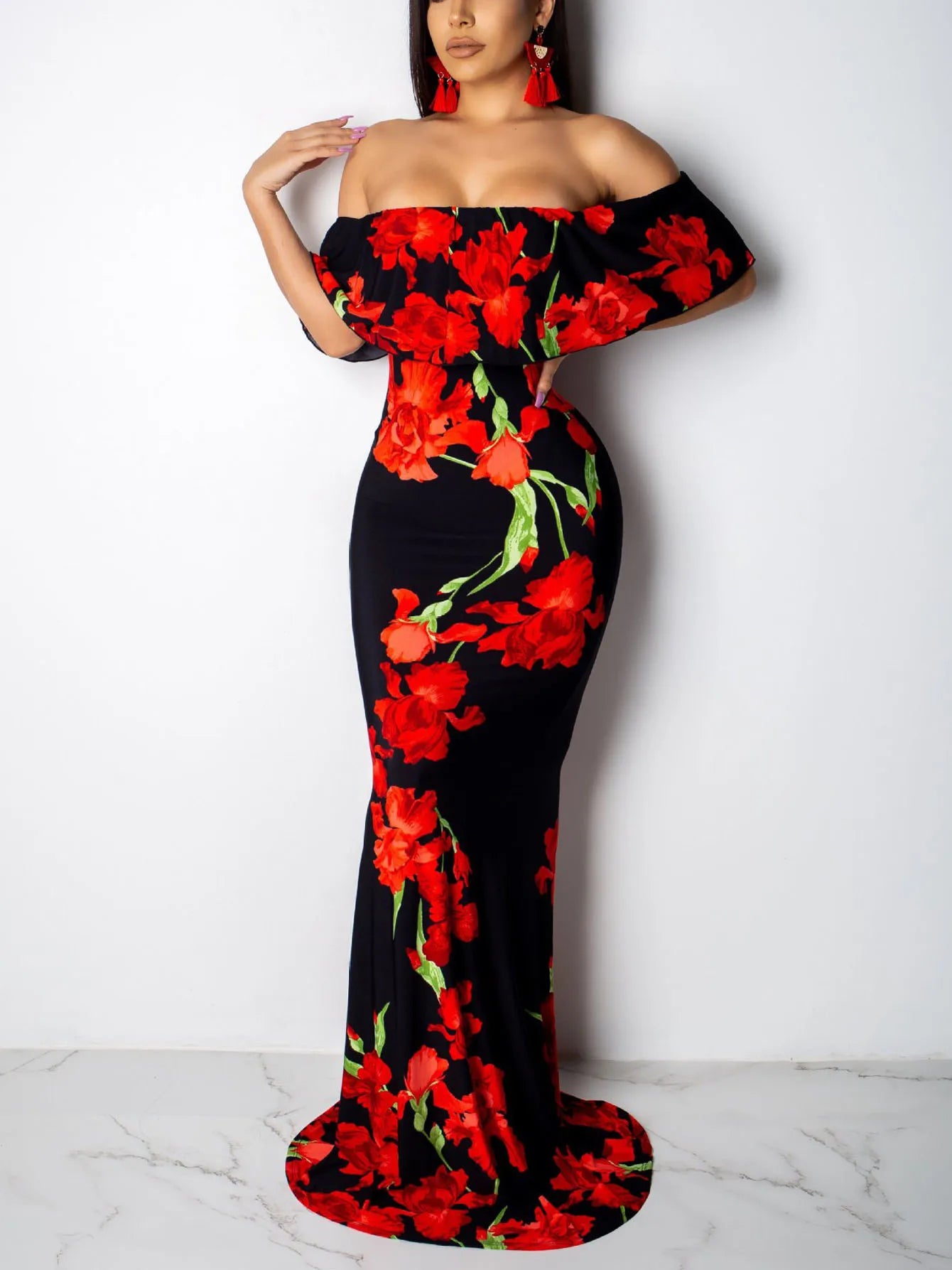 Women Rose Sunflower Floral Print Strapless Sexy Bodycon Slash Neck Off Shoulder Short Sleeve Polyester Floor Length Maxi Dress - Premium  from Lizard Vigilante - Just $51.99! Shop now at Lizard Vigilante