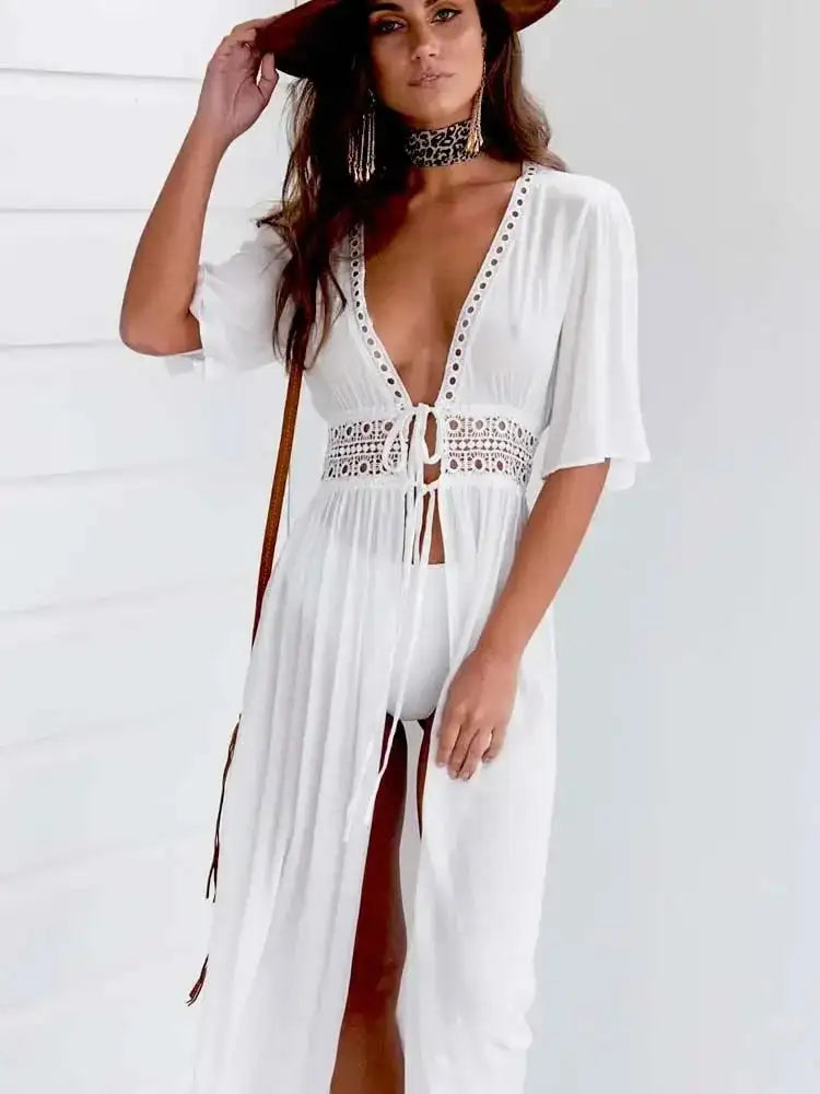 2024 Summer Bikini Cover-ups Women Bohemian Beach Long Dress Short Sleeve Lace Hollow Out Cardigan Swimwear Cover Ups Beachwear