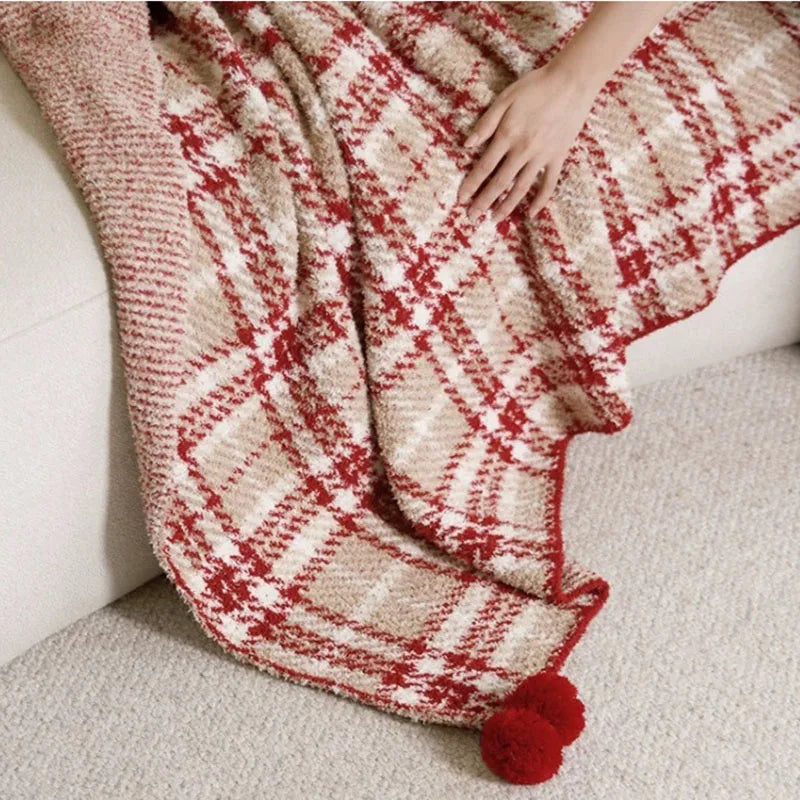 Half Flannel Plaid Blanket with Wool Balls Four Season Universal Red Soft Sofa Blanket Warm Napping Shawl for Home Travel