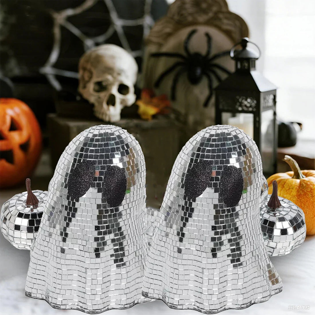 Halloween Disco Ghost Ornament Silver Mosaic Mirror Disco Ghost Tabletop Decor Glitter Spooky Ghost Halloween Tiered Tray Decor