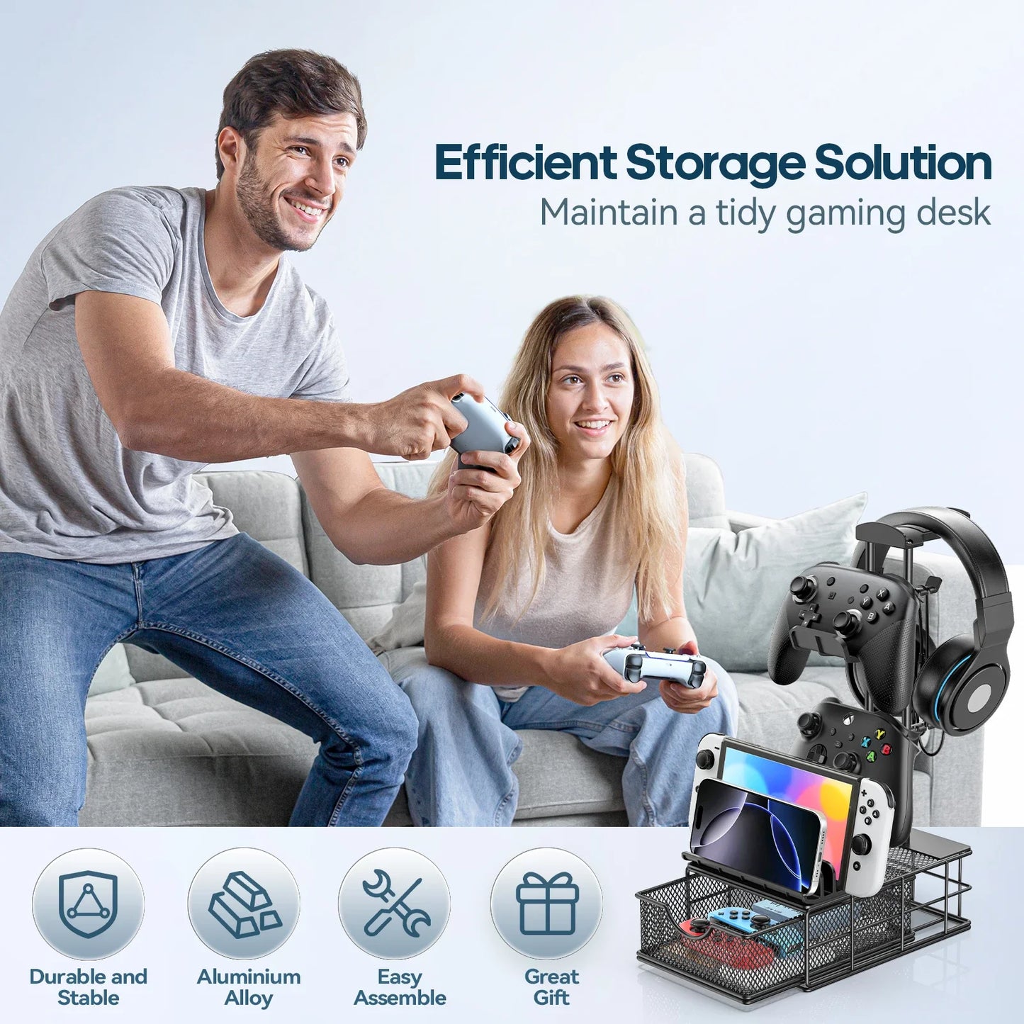 Headphone Stand with Drawer Headset & Controller Holder for Desk Earphone Stand Organizer Universal Gaming PC Accessories Storag