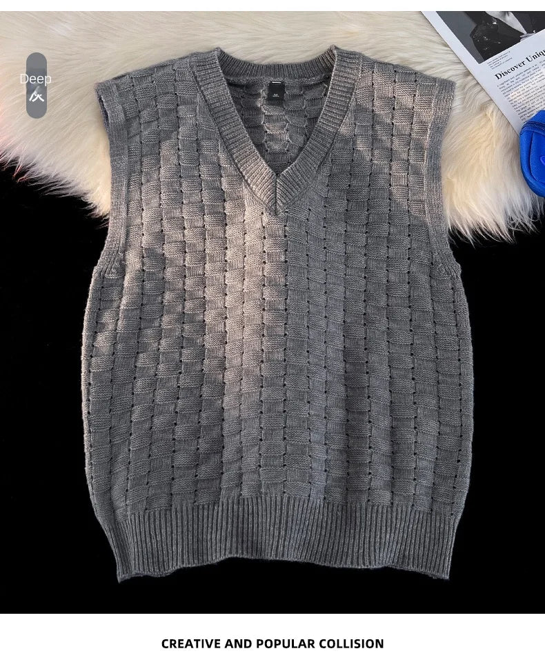 “GRUNGEWEAVE 666” Vintage Knit Vest – Jacquard Check Pattern Sleeveless V-Neck Armor for Off-Stage Legends & Louder Lives - Premium vest from dsers - Just $47.99! Shop now at Lizard Vigilante