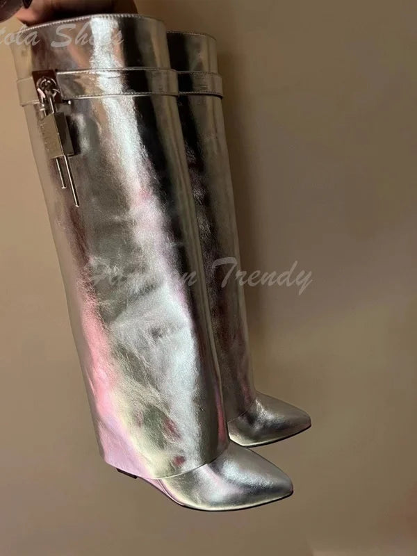 Abesire Silver Crystal Round Flat Metal Buckle Knee Boots: Luxurious and Stylish - Premium boots from Lizard Vigilante - Just $156.88! Shop now at Lizard Vigilante