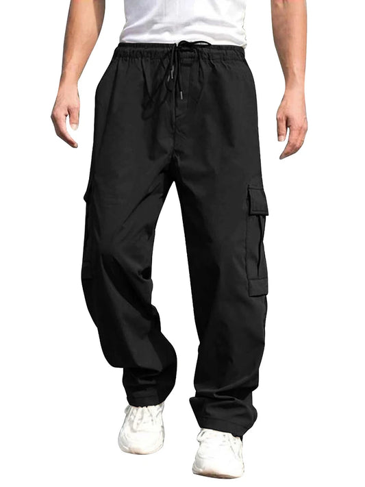 Men’s Loose Cargo Pants – Solid Color Drawstring Waist, Straight Leg Casual Work Trousers with Pockets - Premium cargo pants from Lizard Vigilante - Just $27.99! Shop now at Lizard Vigilante