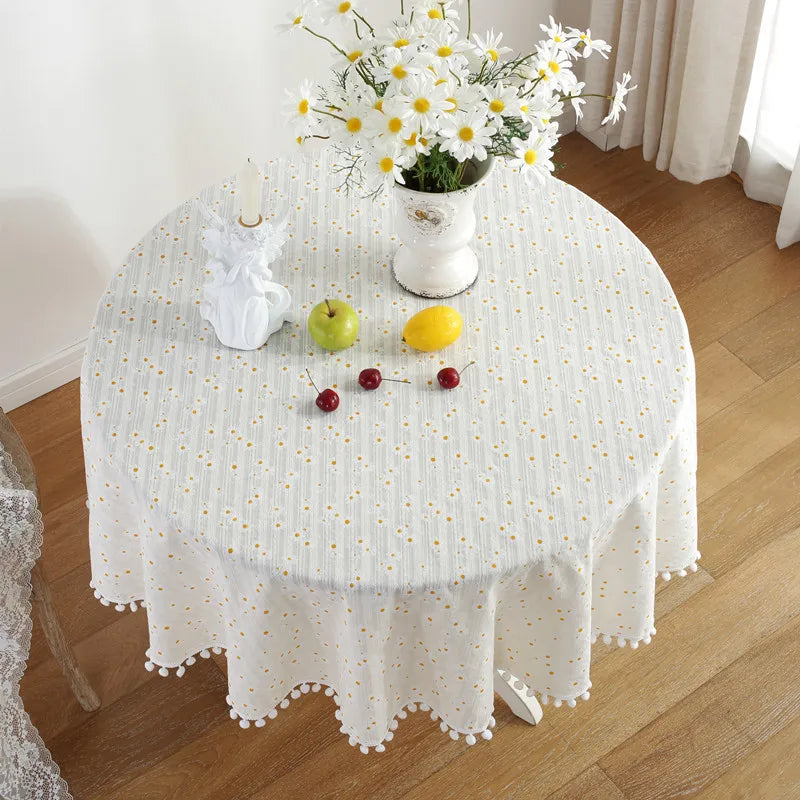 Cotton Table Cloth Round Tablecloth with Tassel Dust-Proof Floret Circular Table Cover for Kitchen Dinning Room Tabletop Decor