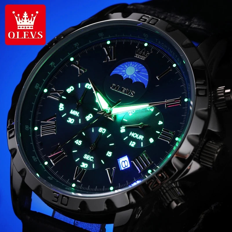 OLEVS Men's Luxury Moon Phase Skeleton Watch – Luminous Quartz Wristwatch with Complete Calendar - Premium wristwatch from Lizard Vigilante - Just $47.99! Shop now at Lizard Vigilante